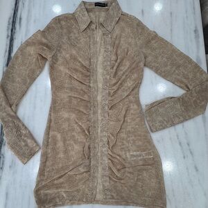 PrettyLittleThing Taupe Textured Long Sleeve Ruffle Front Dress